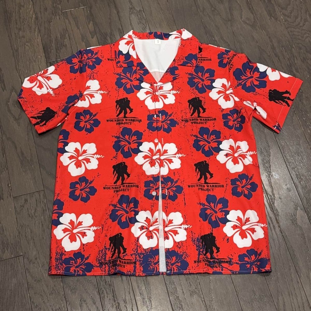 Wounded Warrior Project Men's Red Floral Button Up Shirt‎ med